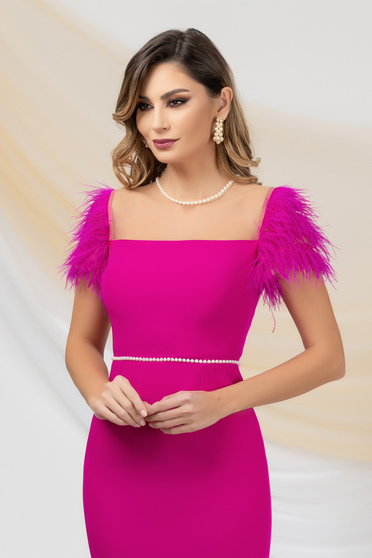 Pink dresses, Fuchsia dress pencil occasional feather details with pearls - StarShinerS.com