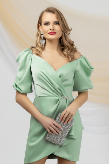 Satin dresses, Mint dress short cut from satin with deep cleavage with puffed sleeves - StarShinerS.com