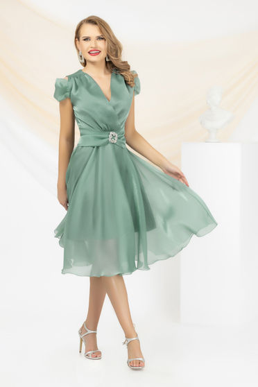 Dresses with rhinestones, Mint Veil Dress in a Flared Cut Adorned with a Rhinestone Belt - PrettyGirl - StarShinerS.com
