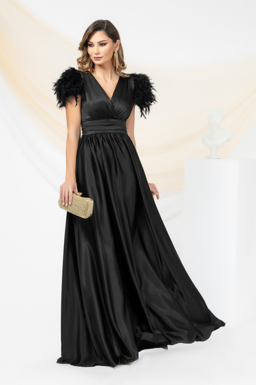 Satin dresses, Black dress from veil fabric long cloche feather details - StarShinerS.com