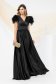 Long satin voile dress in black with feathered shoulders - PrettyGirl 1 - StarShinerS.com