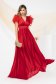 Long red satin voile dress with feathers on the shoulders - PrettyGirl 3 - StarShinerS.com