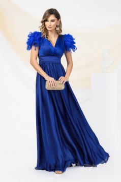 Long satin veil dress in blue with feathered shoulders - PrettyGirl