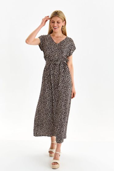 Brown dress light material midi cloche with elastic waist accessorized with tied waistband