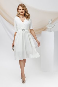 Ivory Elastic Fabric Dress in A-line with Wrapped Neckline and Detachable Belt - PrettyGirl