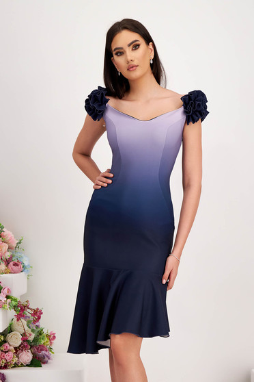Wedding dresses, - StarShinerS dark blue dress midi pencil elastic cloth asymmetrical on the shoulders - StarShinerS.com