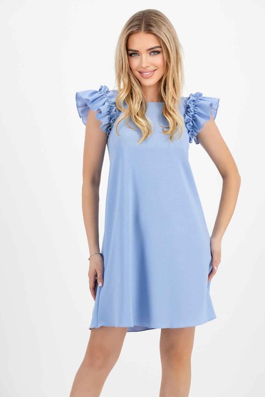 Online Dresses, Light Blue Crepe Dress Short with Wide Cut and Sleeve Ruffles - StarShinerS - StarShinerS.com