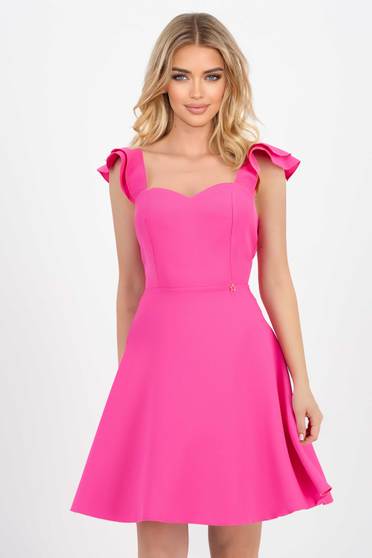Short fuchsia dress made of thin elastic fabric with ruffles at the shoulders - StarShinerS