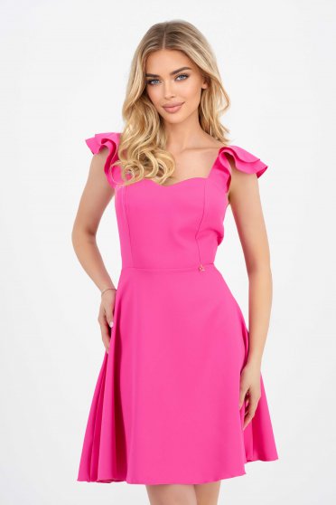 Short fuchsia dress made of thin elastic fabric with ruffles at the shoulders - StarShinerS