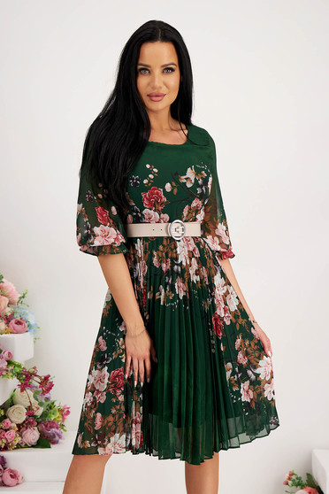 Floral print dresses, Dress pleated from veil fabric accessorized with belt with puffed sleeves cloche - StarShinerS.com