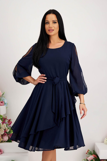 Dark Blue Dress From Veil Fabric Cloche With Puffed Sleeves With Cut