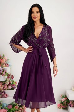 Purple dress midi cloche from veil fabric with pearls strass