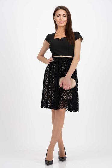 Online Dresses, Elastic Fabric and Black Lace Knee-Length A-Line Dress with Belt Accessory - StarShinerS - StarShinerS.com