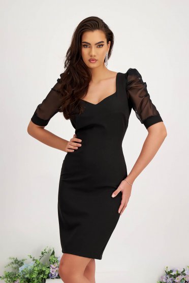 - StarShinerS black dress straight midi elastic cloth with veil sleeves high shoulders