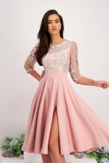 Dusty pink elastic taffeta dress in A-line split on the leg with lace overlay - StarShinerS