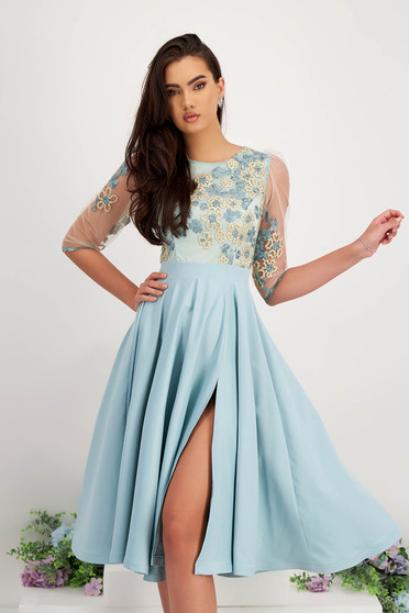 Mint Elastic Taffeta Dress in A-line Cut with Lace Overlay Slit Leg - StarShinerS