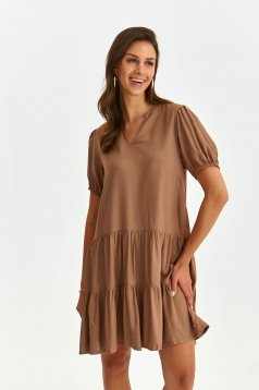 Brown dress short cut loose fit with puffed sleeves with v-neckline light material