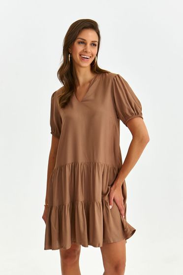 Loose dresses, Brown dress short cut loose fit with puffed sleeves with v-neckline light material - StarShinerS.com