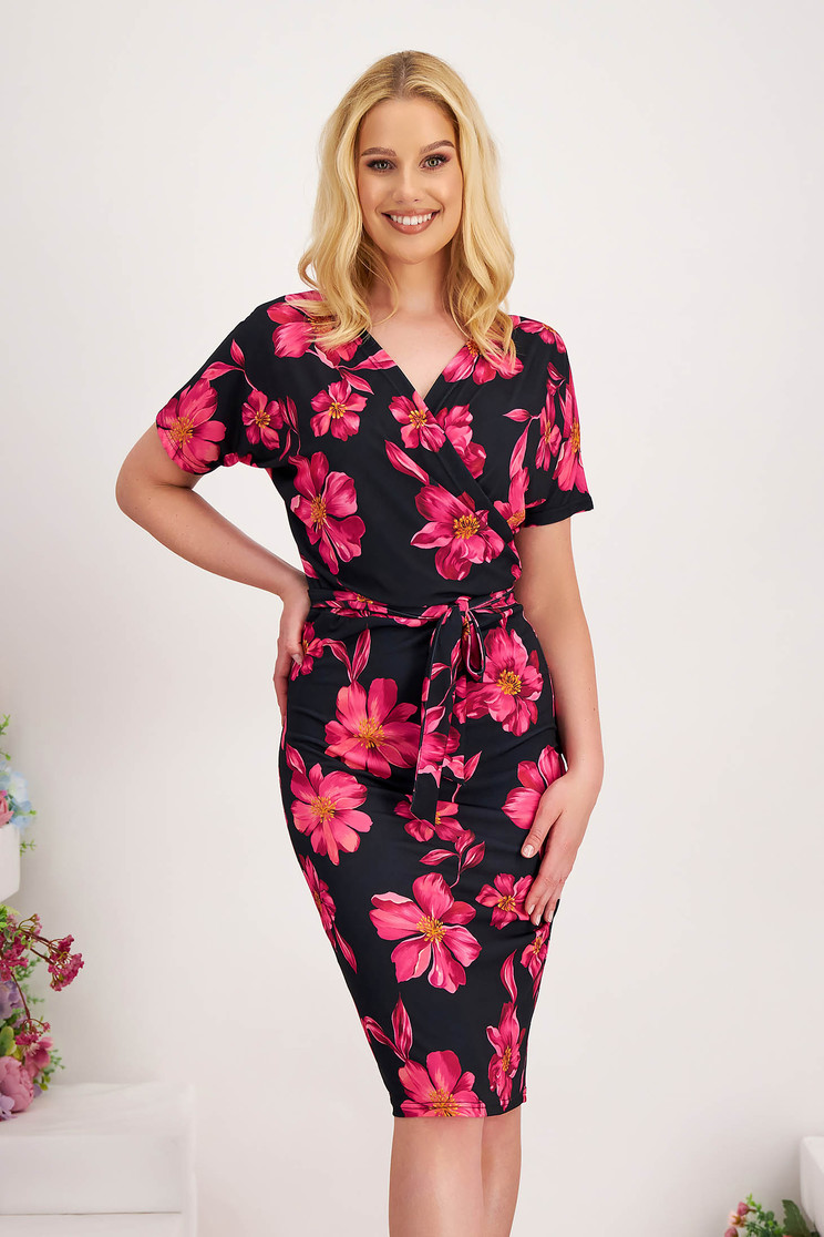 Rochie cu imprimeu floral din lycra neagra subtire tip creion cu decolteu petrecut - StarShinerS