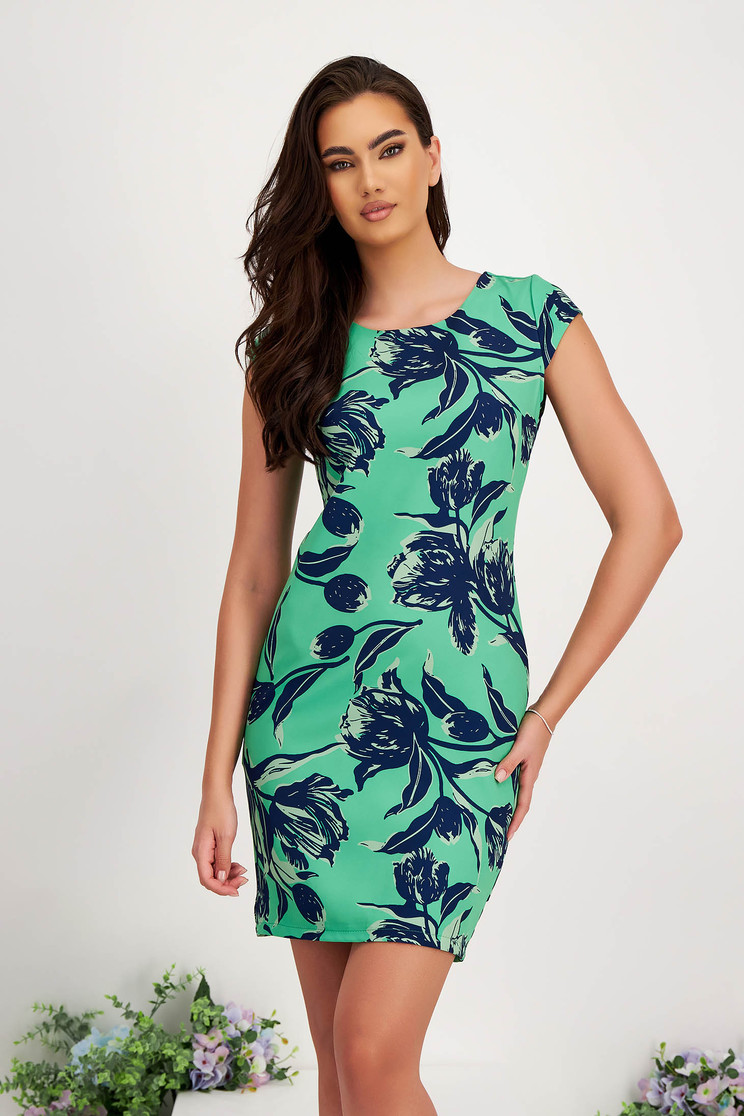 Rochie cu imprimeu floral din stofa elastica verde scurta cu un croi drept si decolteu rotunjit - StarShinerS