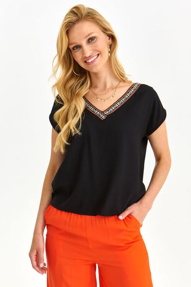 Short sleeves blouses, Black women`s blouse loose fit light material with v-neckline - StarShinerS.com