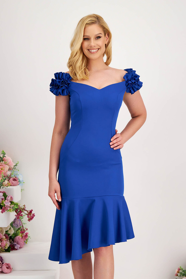 Rochie tip creion din stofa elastica albastra tip creion cu umeri goi si volanase - StarShinerS