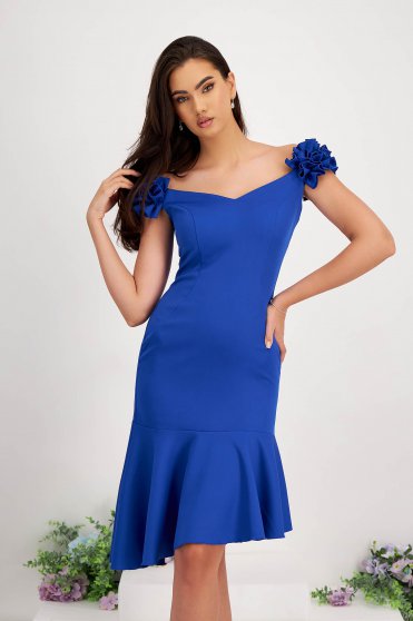 Blue Elastic Fabric Pencil Dress with Bare Shoulders and Ruffles - StarShinerS