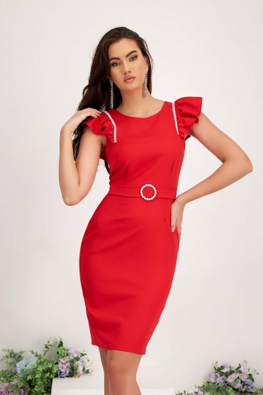 Dresses with rhinestones, Red Stretch Fabric Pencil Dress with Ruffles and Strass Stone Applications - StarShinerS - StarShinerS.com