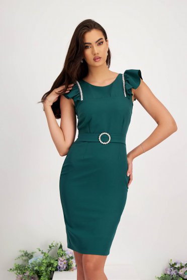 Gowns, - StarShinerS green dress elastic cloth pencil with ruffled sleeves with crystal embellished details - StarShinerS.com
