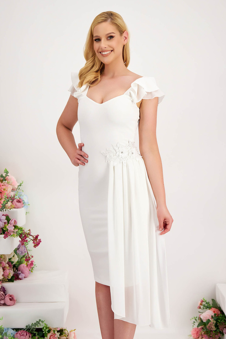 Rochie crep alba midi tip creion cu decolteu adanc si suprapunere cu material tip voal - StarShinerS - Rochii-Dama.ro