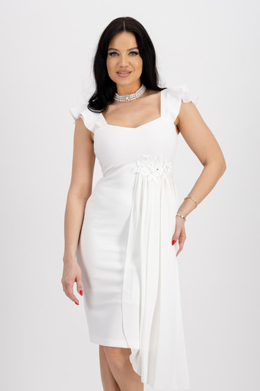 Crep White Pencil Dress with Deep Neckline and Veil Overlay - StarShinerS
