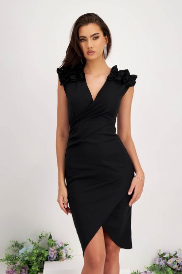 Ruffled dresses, - StarShinerS midi pencil style black dress from crepe fabric wrapped around with ruffle details - StarShinerS.com