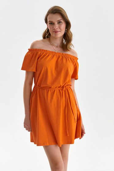 Orange dress short cut loose fit accessorized with tied waistband naked shoulders light material