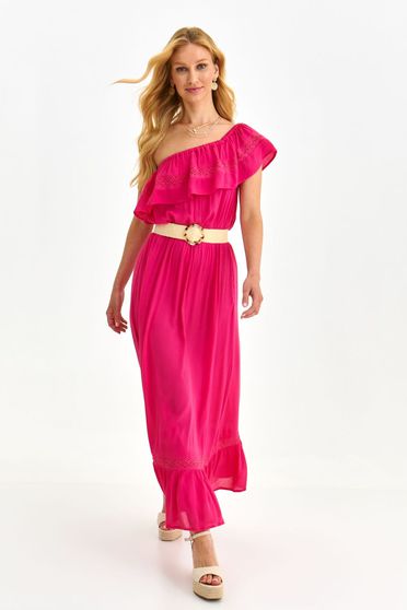 Flowy dresses - Page 2, Pink dress light material cloche with elastic waist one shoulder - StarShinerS.com