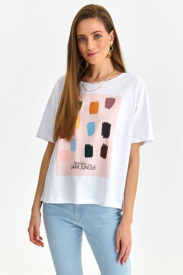 Slightly elastic cotton loose fit white t-shirt abstract