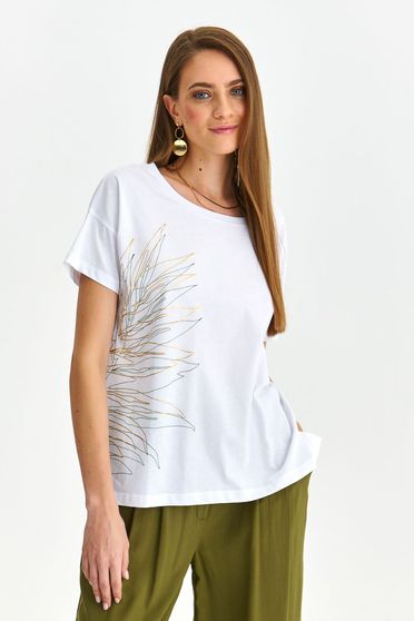 Casual T-shirts, White t-shirt slightly elastic cotton loose fit with print details - StarShinerS.com