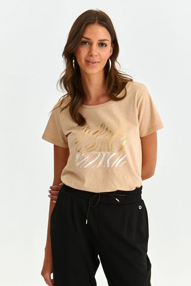 Beige t-shirt slightly elastic cotton loose fit abstract