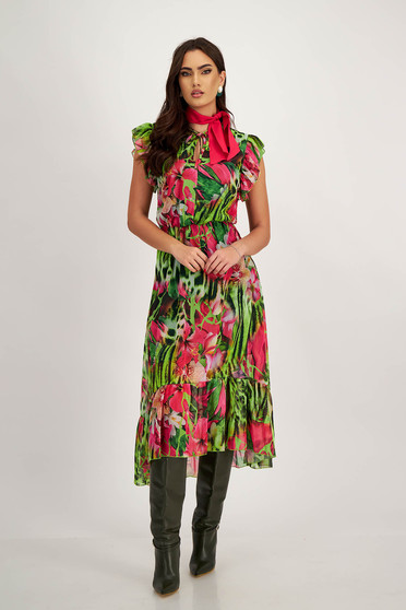 Midi Veil Dress in Cloche with Elastic Waist and Ruffled Sleeves - StarShinerS
