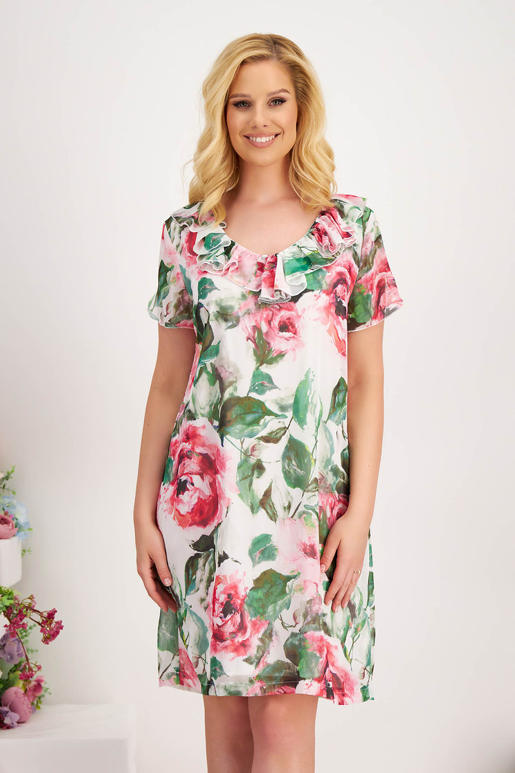 Rochie cu imprimeu floral din voal scurta cu croi in a si volanase pe linia decolteului