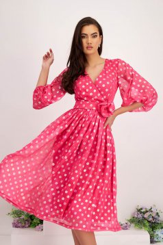 Fuchsia Veil Midi Dress in Clos with Puffy Sleeves and Flower-shaped Brooch - StarShinerS