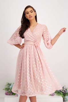 Light Pink Veil Midi Dress in A-Line with Puffed Sleeves and Flower-Shaped Brooch - StarShinerS