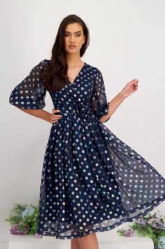- StarShinerS dress from veil fabric midi cloche with puffed sleeves with flower shaped brestpin