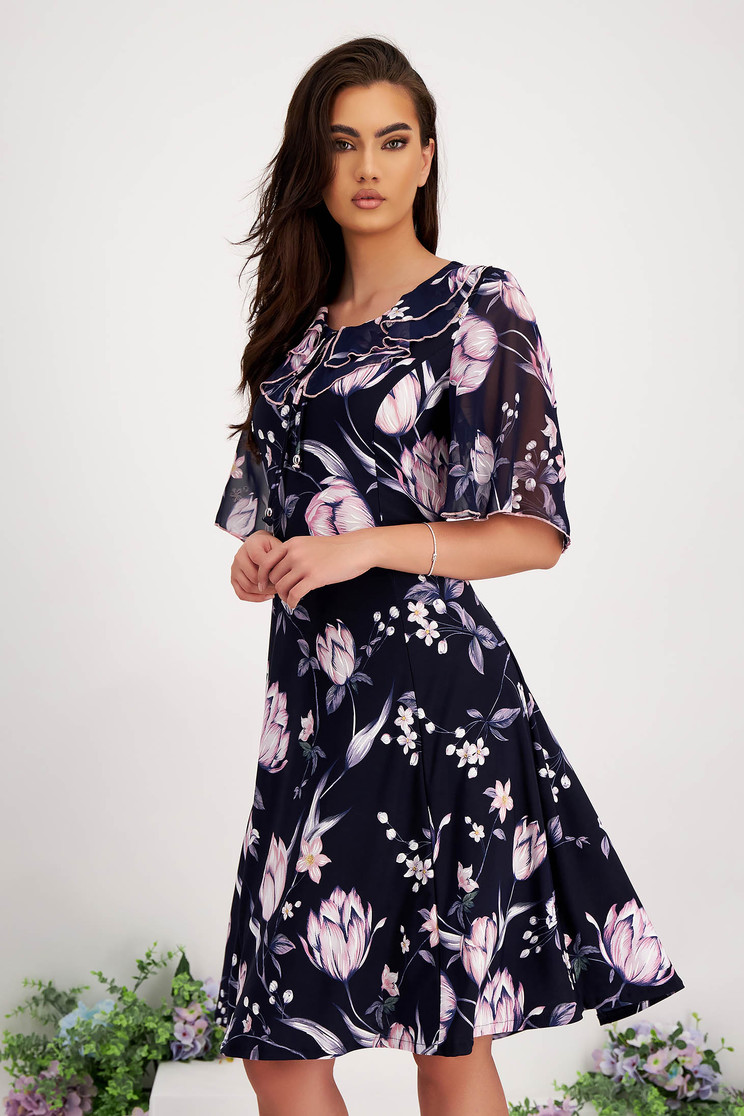 Rochie cu imprimeu floral din lycra midi cu croi in a si volanase pe linia decolteului