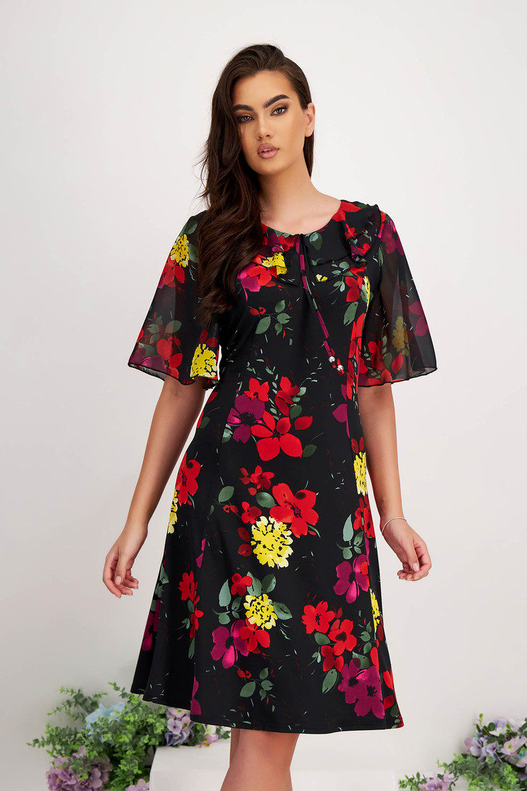 Rochie cu imprimeu floral din lycra midi cu croi in a si volanase pe linia decolteului