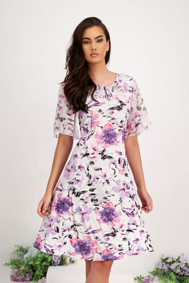 Floral print dresses, Dress lycra midi a-line frilly trim around cleavage line - StarShinerS.com