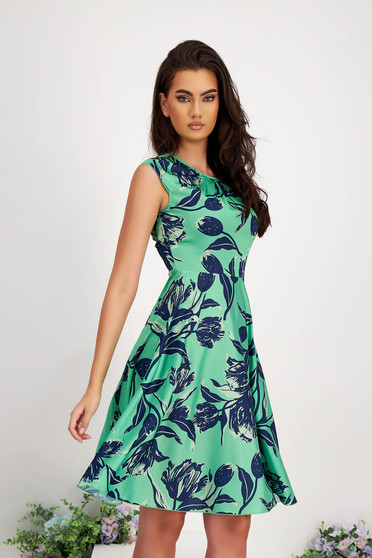 Satin A-line Dress with Round Neckline and Digital Floral Print - StarShinerS