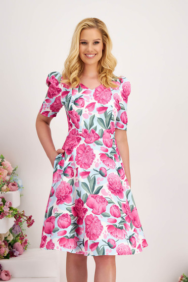 Midi Dress made from stretch fabric in cloche style with side pockets and puffy shoulders - StarShinerS