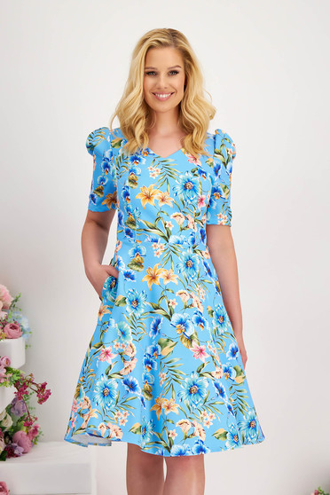Midi Dress made of stretchy fabric with A-line skirt, side pockets and puffed shoulders - StarShinerS