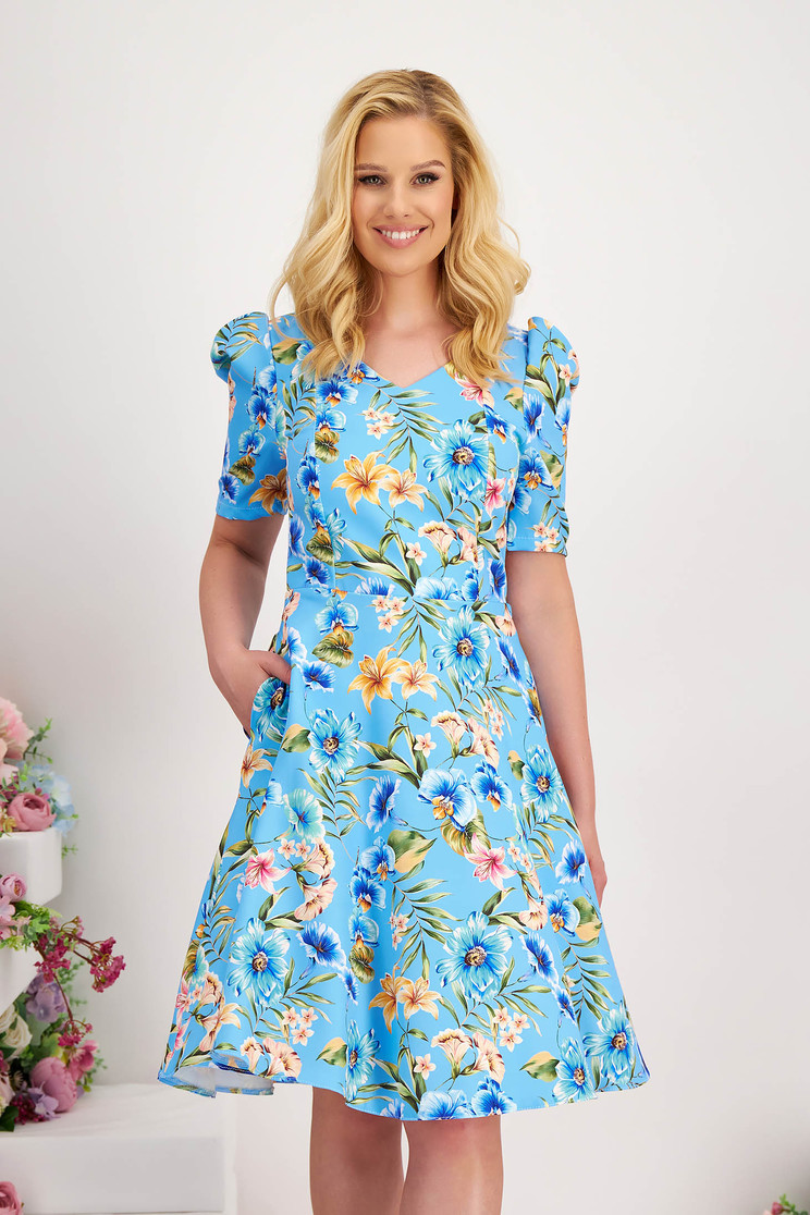 Rochie din stofa elastica midi in clos cu buzunare laterale si umeri bufanti - StarShinerS - Rochii-Dama.ro