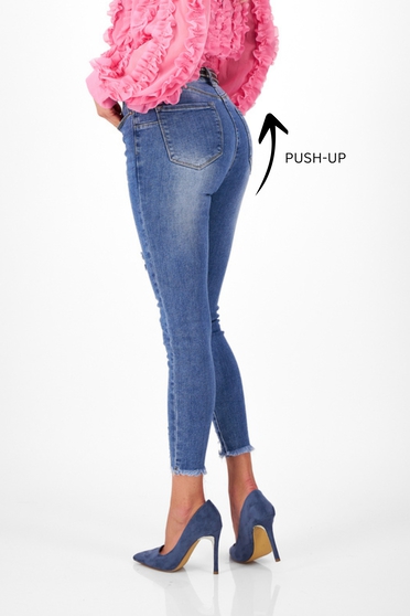Blugi skinny albastru-deschis cu talie inalta si accesoriu tip curea - SunShine